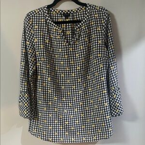 Talbots Navy Blue and White Gingham Blouse with Yellow Accents. Size Large